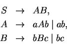 \begin{eqnarray*}S &\ensuremath{\rightarrow} & AB, \\
A &\ensuremath{\rightarrow} & aAb \mid ab, \\
B &\ensuremath{\rightarrow} & bBc \mid bc
\end{eqnarray*}