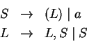 \begin{eqnarray*}
S& \ensuremath{\rightarrow}& (L)\;\vert\;a\\
L&\ensuremath{\rightarrow}&L,S\;\vert\;S
\end{eqnarray*}