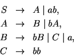 \begin{eqnarray*}
S &\ensuremath{\rightarrow}& A \mid ab, \\
A &\ensuremath{\ri...
...ghtarrow}& bB \mid C \mid a, \\
C &\ensuremath{\rightarrow}& bb
\end{eqnarray*}