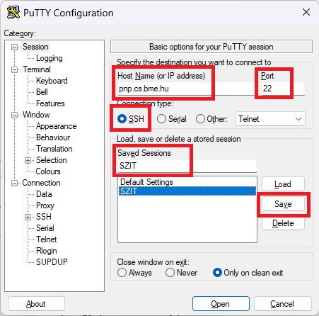 PuTTY configuration